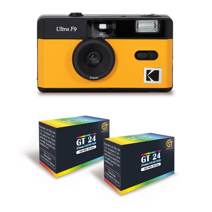 KODAK Ultra F9 Appareil Photo Argentique Réutilisable 35mm Objectif Fixe 31mm F9 Flash Intégré Chargement Facile Rembobinage Manuel Jaune + 2 Pellicules Couleur 24 Expositions Neuf