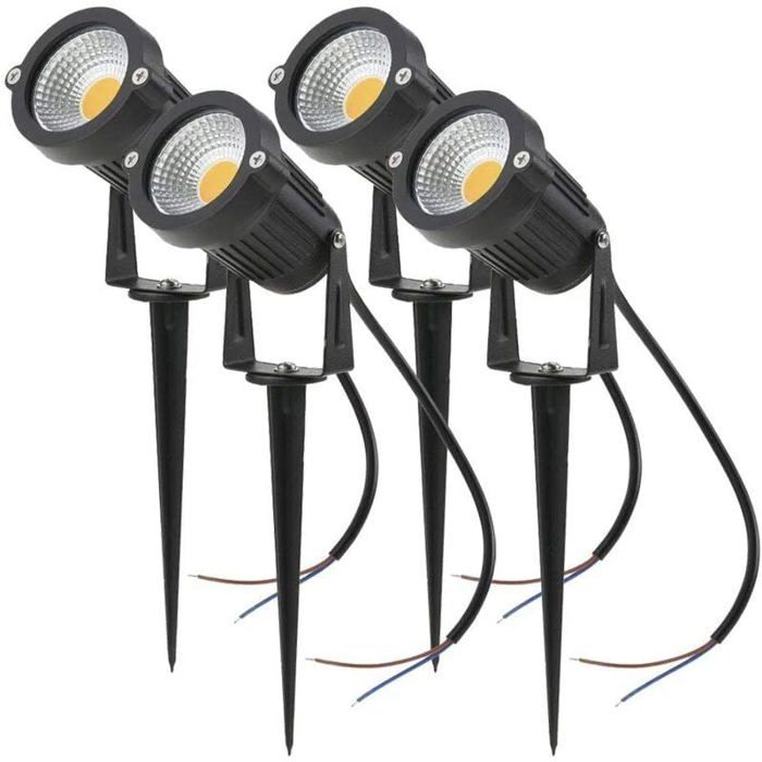 Spot LED extérieur orientable - MICH - Lot de 4 - 5W - 220V - Blanc chaud - IP65 - Aluminium noir - Piquet inclus