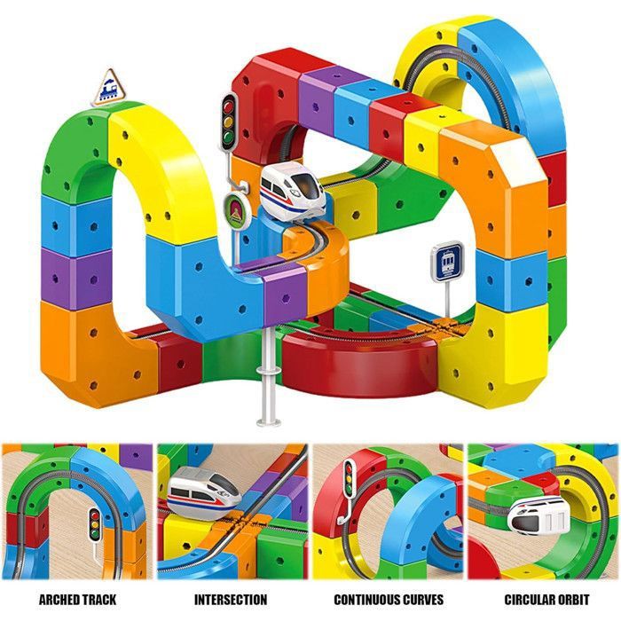Circuit Voiture - Train Électrique sur Rail - 81 Pièces Magnétiques - Construction Modulaire - Jeu Éducatif et Cadeau .