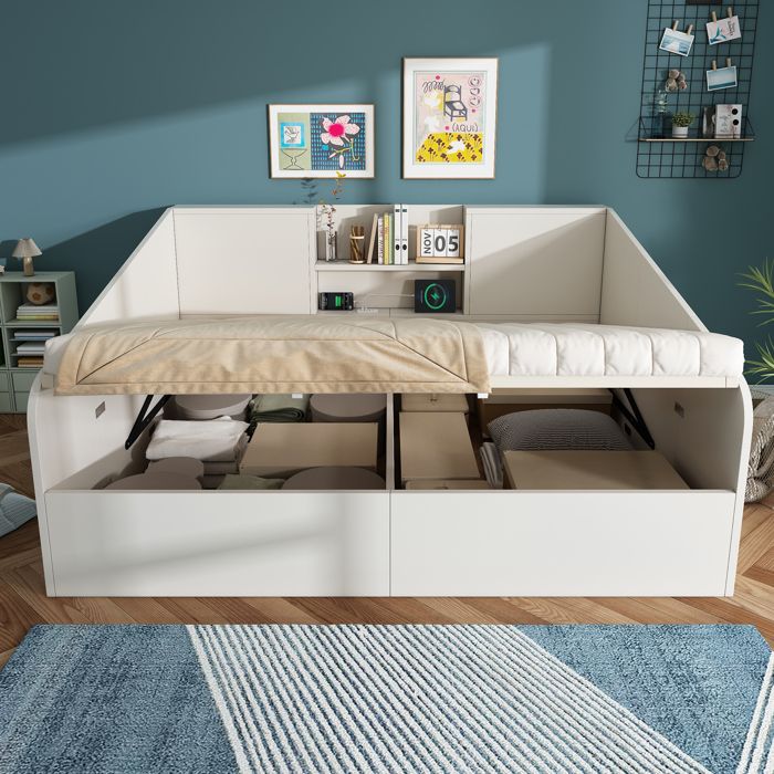 Canapé-lit Coffre 140x190cm avec USB/Type-C et 2 étagères lit double en bois avec Sommier à lattes lit dappoint (Sans matelas) Canapé-lit Coffre 140x190cm avec USB/Type-C et 2 étagères lit double en bois avec Sommier à lattes lit dappoint (Sans matelas)