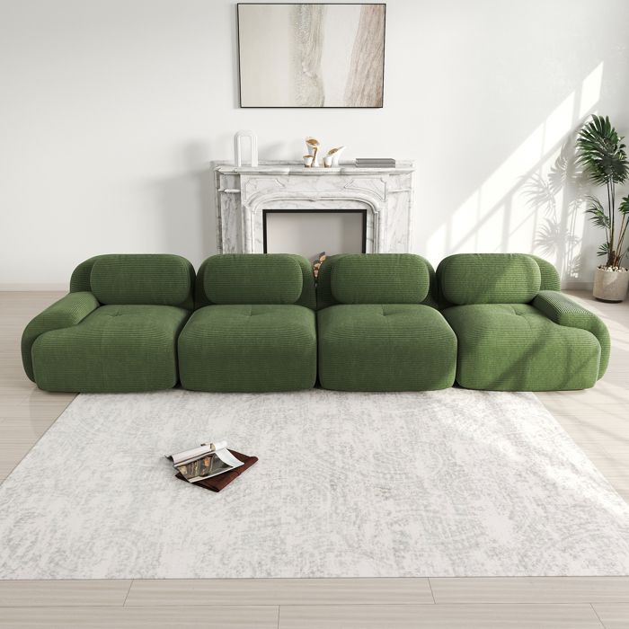 Canapé dangle modulable 4 places velours côtelé vert mousse HR anti‑dérapant livré monté