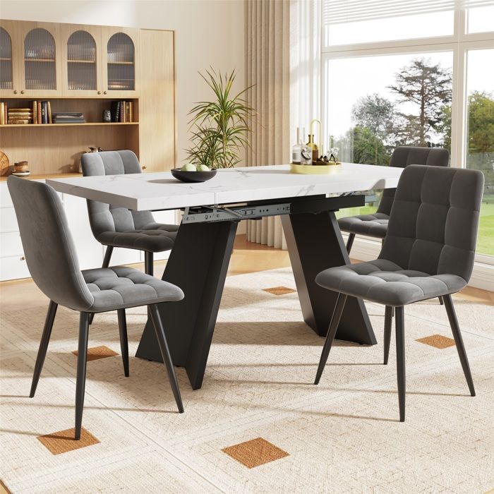 Set de table salle à manger 5 pièces - Table extensible 160 cm blanc et 4 chaises velours gris - Pour 4 personnes