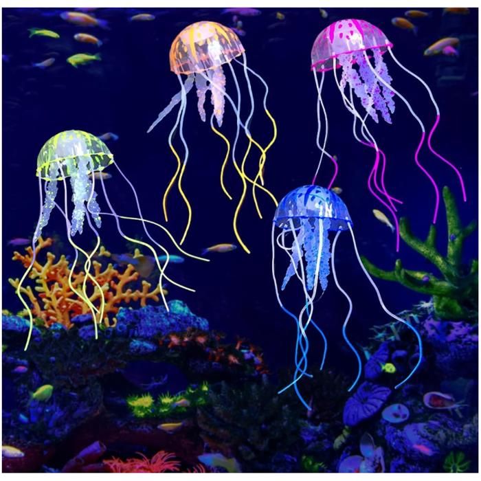 Ensemble de 4 Méduses Artificielles Lumineuses pour Aquarium en Silicone Fluorescent - Accessoires de Décoration pour Aquariums et