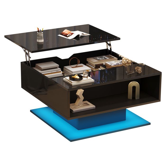 Table Basse 80x77x40 cm - LED Contrôlable et 1 Rangement Caché + 1 Semi-ouvert - Meuble TV Haut Brillant - Noir
