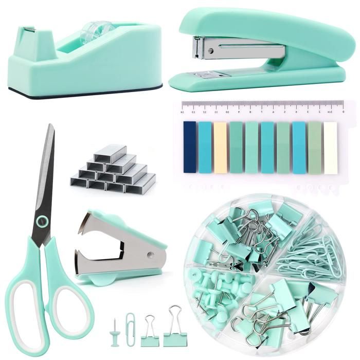 Ensemble de fournitures de bureau turquoise comprenant une agrafeuse un dérouleur de ruban adhésif un arrache-agrafes des agrafes