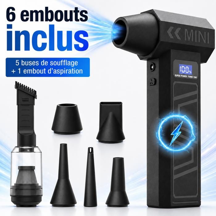 Mini aspirateur souffleur sans fil 2 en 1 aspirateur voiture puissant 110000 tr/min LED 5 Embouts + 1 Tête d’Aspiration + Housse