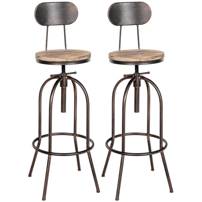 Lot de 2 tabourets de bar design industriel avec dossier repose pieds en bois et metal bronze 10_0006179
