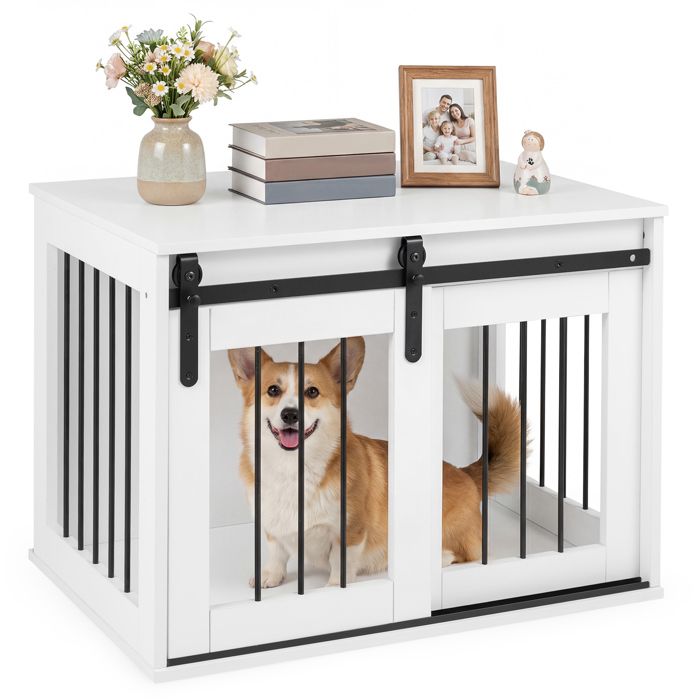 Comparer les prix de Cage pour Chien COSTWAY Porte Coulissante 80 x 54 x 57 cm 2 en 1 Meuble Niche et Table d’Appoint pour Petit Moyen Animaux Blanc