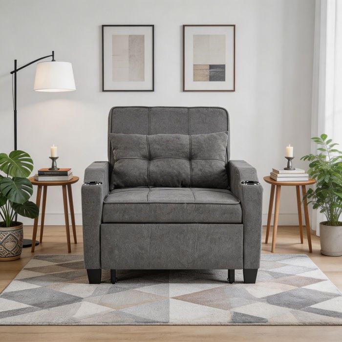 Canapé-lit convertible - 3 en 1 - 1 place gris foncé - Port USB & porte-gobelets - Chaise longue 3 positions