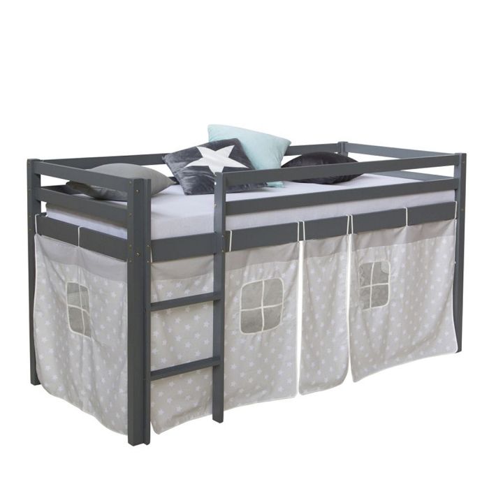 Lit mi-haut - HOMESTYLE4U - 90x200 - Gris - Sommier 15 lattes pin - Rideau motif étoiles