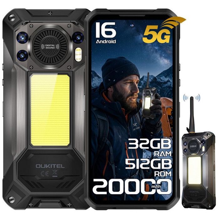 OUKITEL WP61 Plus 5G Smartphone Incassable Avec Talkie-Walkie 36Go+512Go 6.78 20000mAh 108MP Android 16 Téléphone Portable NFC Noir