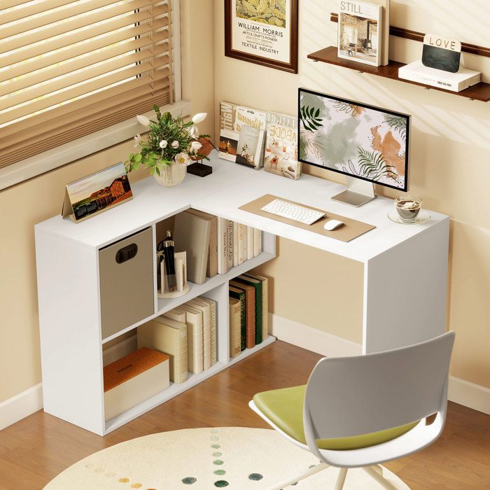MOTHINESSTO5962-Bureau dangle bureau dordinateur avec tiroir en tissu et compartiments ouverts 110 x 100 x 75 cm blanc