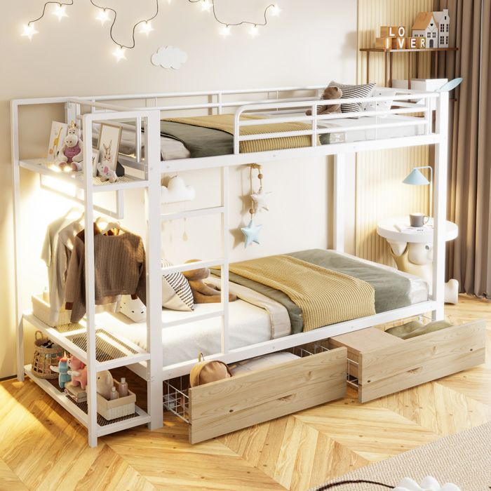 Lit superposé 90 x 200 cm structure en fer 2 tiroirs plusieurs étagères avec bandeau lumineux LED avec penderie blanc
