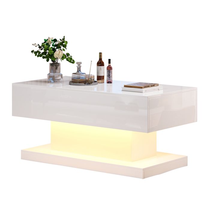 VLIVRA Table basse relevable 100×50×45 cm avec plateau coulissant LED et rangement meuble salon blanc