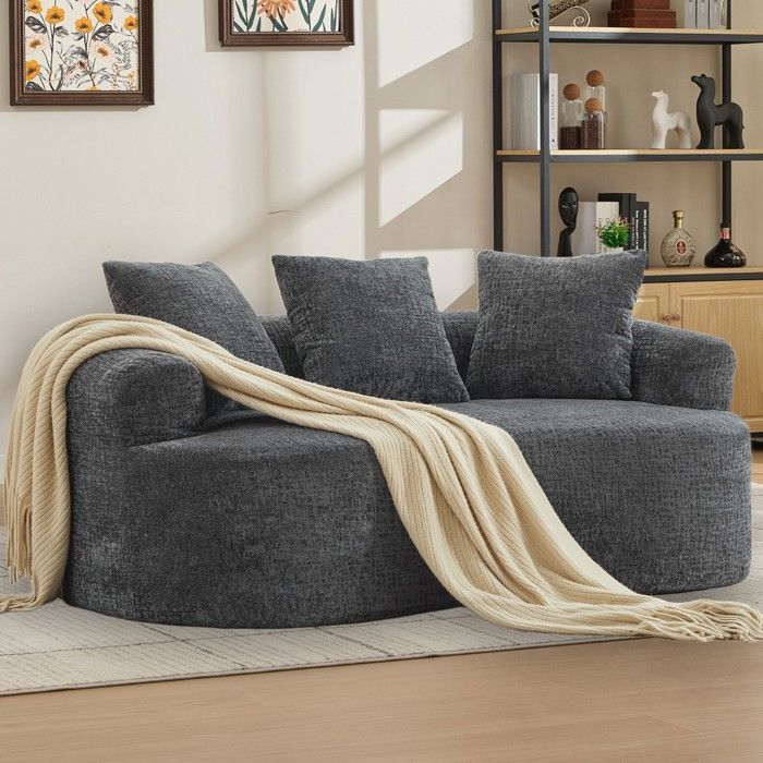 Canapé dangle courbé - Fauteuil love seat incurvé - Chenille gris - 2 places 180×98×79 cm - 3 coussins mémoire