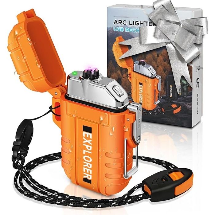 Briquet USB double arc électrique rechargeable étanche pour camping randonnée kit de survie en plein air F13-orange