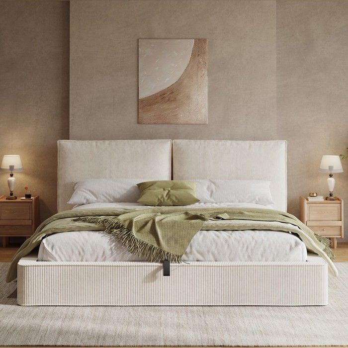 Lit Double 180x200 Beige Velours Côtelé capitonné À Tête Rembourrée Coffre Hydraulique Sommier Lattes sans matelas Lit Double 180x200 Beige Velours Côtelé capitonné À Tête Rembourrée Coffre Hydraulique Sommier Lattes sans matelas