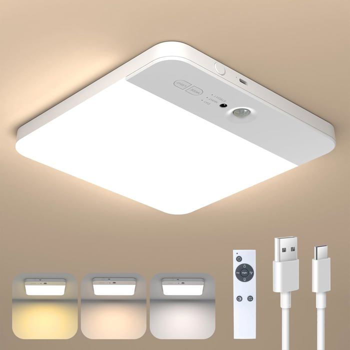 Sans Fil Garage Lampe de Plafonnier Detecteur de Mouvement Interieur Plafond 6000mAh Rechargeable Luminaire Salle de Douche Sal