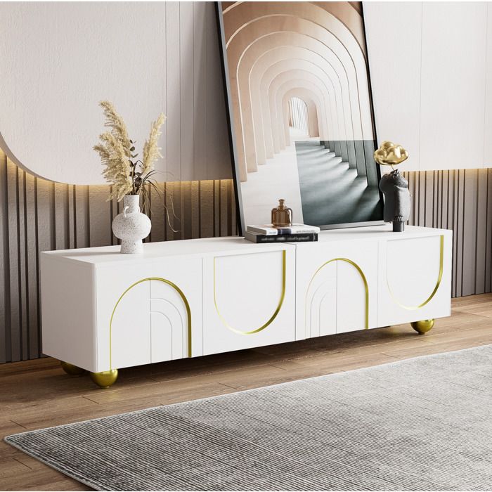 Meuble TV bas 170 cm EVRYAE blanc et or 4 portes avec rangement intérieur salon