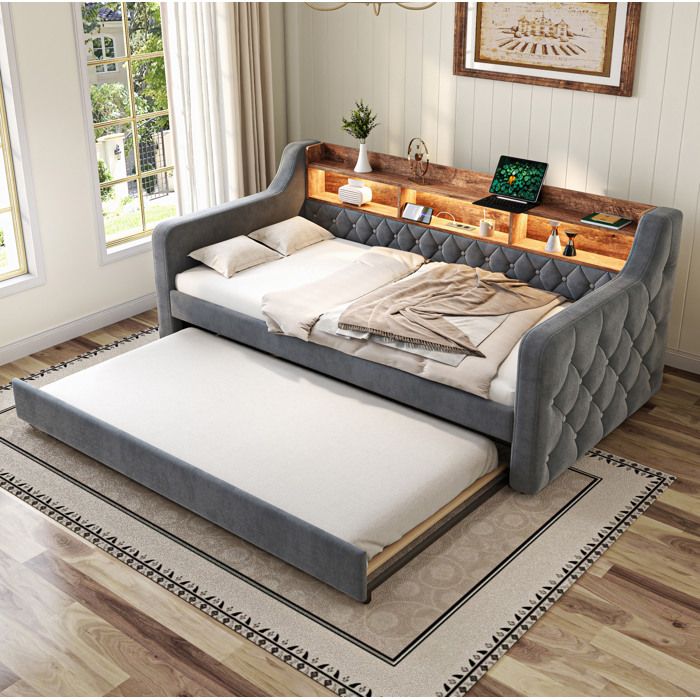 Canapé-lit gain de place 90x190 cm velours gris coffre LED ambiante port USB-C 12 lattes structure métal/bois