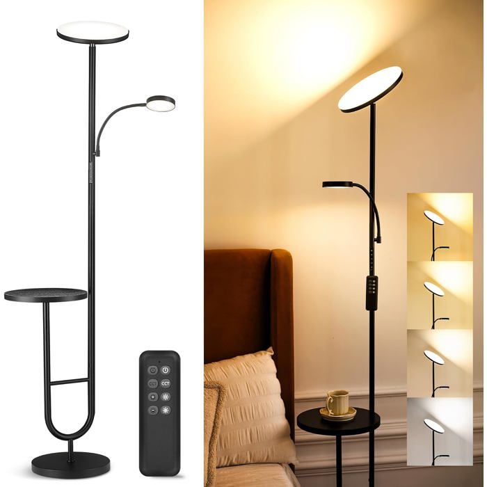 Lampadaire LED avec table - Dimmable avec télécommande - Tête orientable à 350°
