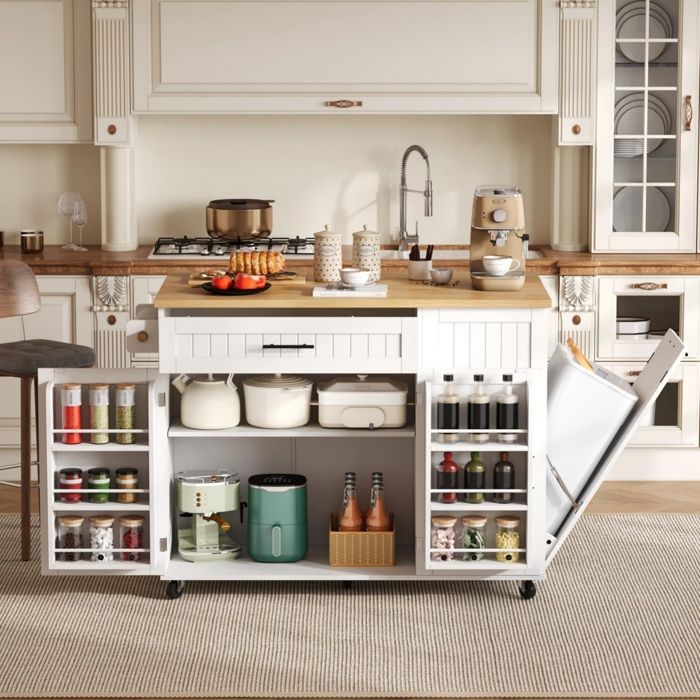 Îlot de Cuisine avec Emplacement pour Poubelle Desserte de Cuisine avec Plan de Travail Pliable 2 Portes avec Rangement Blanc