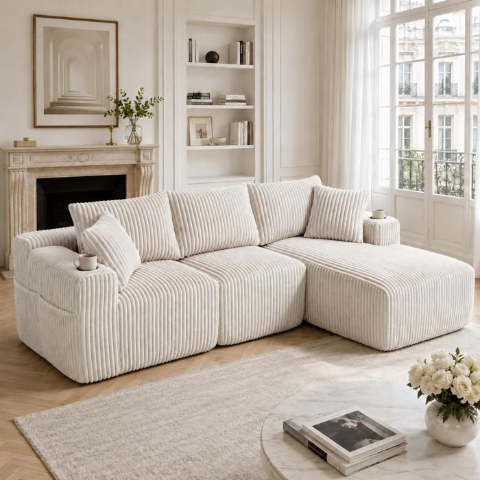 Canapé d’angle modulable 3 places avec méridienne velours côtelé beige 5 coussins poches et porte-gobelets
