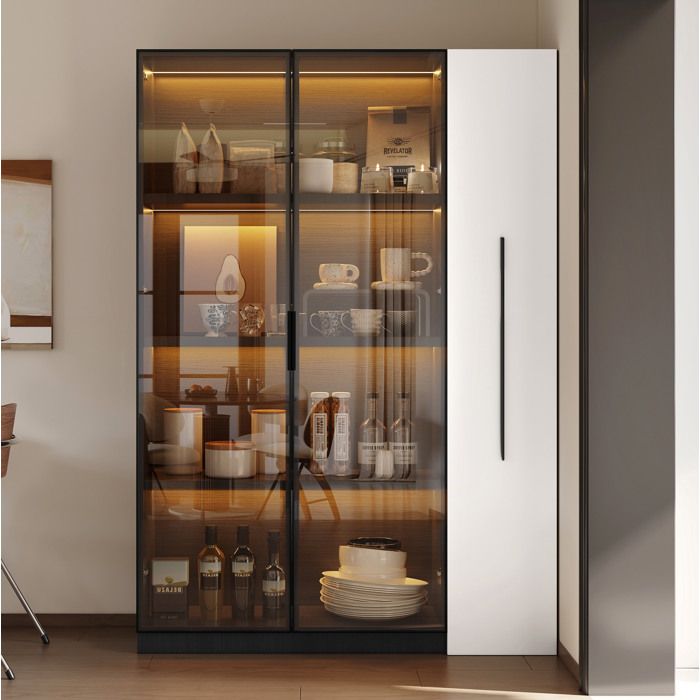 ROVRYN Vitrine buffet haut 110 5 x 35 x 160 cm avec LED rangement latéral coulissant noir et blanc