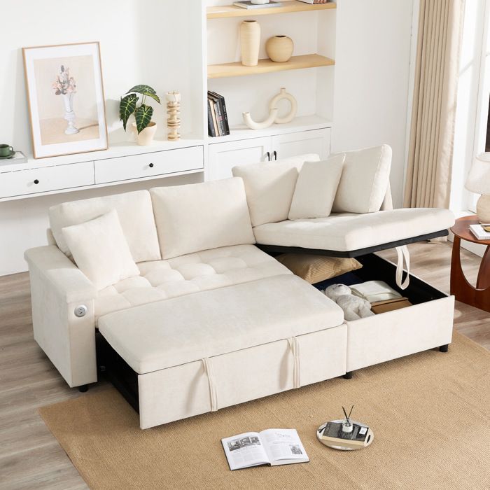 canapé d angle convertible lit escamotable avec rangement USB et porte-gobelet chenille beige 3 places ORVRYN