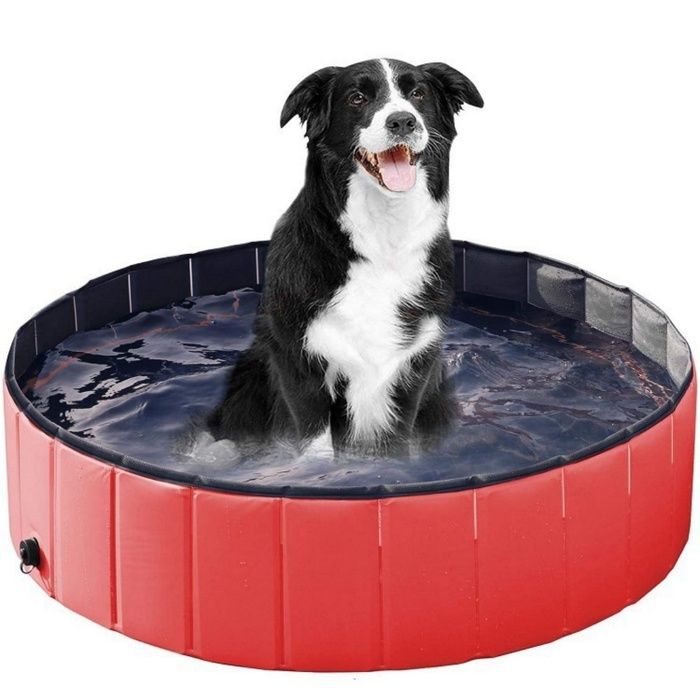 Piscine Chien Pliable 100x30cm - Drainage Rapide Antidérapant - Baignoire Robuste Sans Pompe - Rouge Enfants