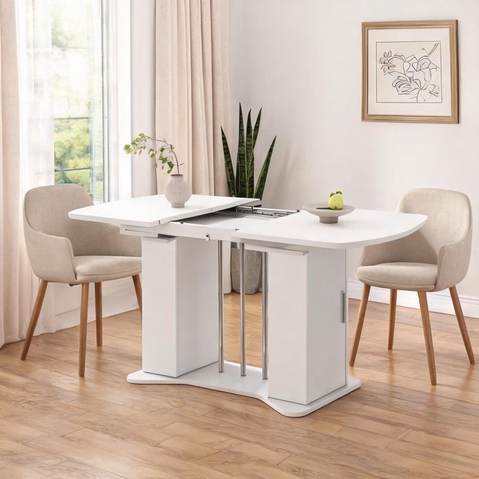 Table à manger rectangulaire extensible 120-160 cm MDF blanc pieds métal argenté rangement intégré 4 à 6 personnes