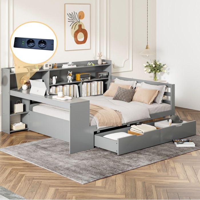 Lit combiné double 140×200 cm avec bureau USB prise et 2 tiroirs sans matelas bois gris - UVRION