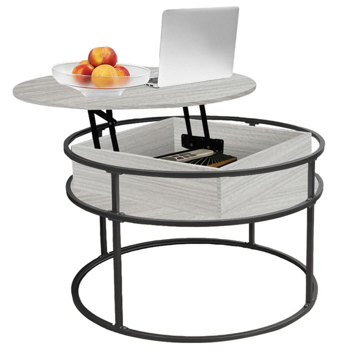 KEDIA Table Basse Relevable 60*60*47cm Avec Rangement Caché Avec Cadre Métallique Robuste Couleur bois clair + étagère noire
