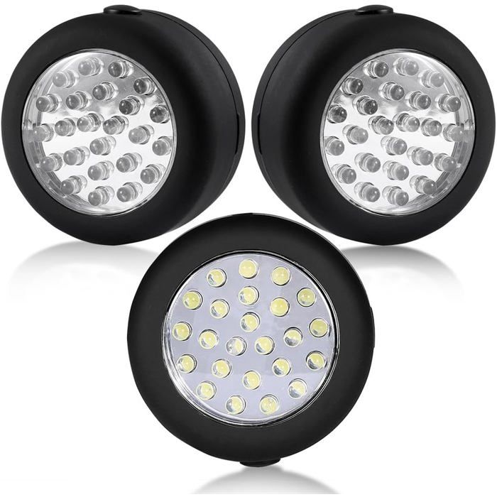 Lot de 3 lampes de poche magnétiques rondes 24 LED avec crochet de suspension intégré et aimant (Noir)