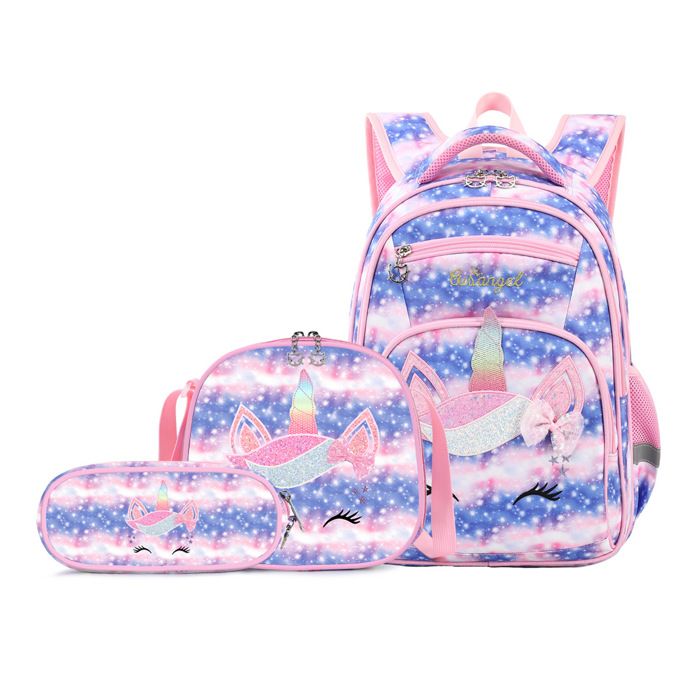 XJYDNCG 3Pcs Cartable Fille Primaire Sac à dos Enfant ScolaireMotif Licorne42x30x15cm - Rose Bleu