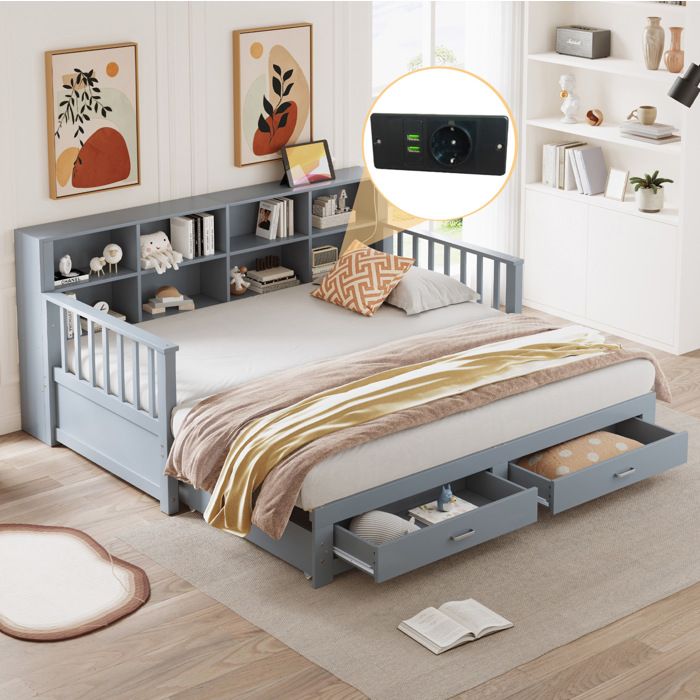 ELVORIN Lit escamotable multifonction en bois gris 90 x 190 cm extensible 180 x 190 cm rangements intégrés prise 2 tiroirs