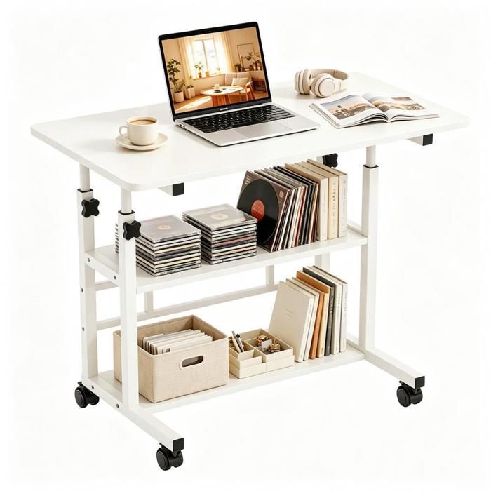 Rcynview Table Roulante pour Lit Canapé Hauteur Réglable Bureau Blanc 80x40 cm avec 3 Etagères Table dAppoint avec Roulettes
