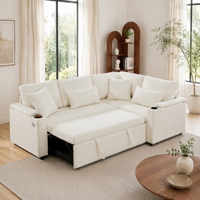 Canapé dangle convertible 2065 x 141 x 86 cm en chenille beige angle droit avec coffre porte-gobelet port USB 4 places