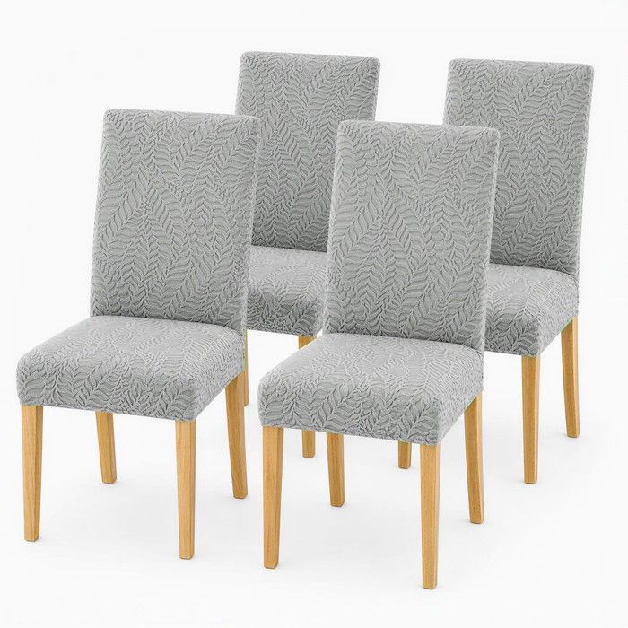 Lot de 4 housses de chaise extensibles contemporain Jacquard feuilles de saule - Lavable - Gris