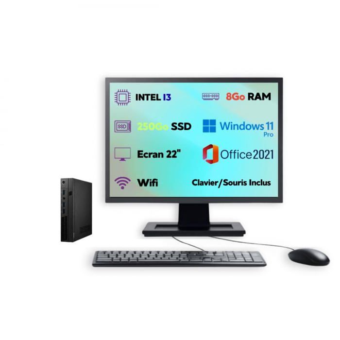 PC Ultra Mini - Intel Core i3 - Windows 11 Pro - SSD 250Go - RAM 8Go - Écran 22 + Clavier et Souris - Ordinateur de Bureau