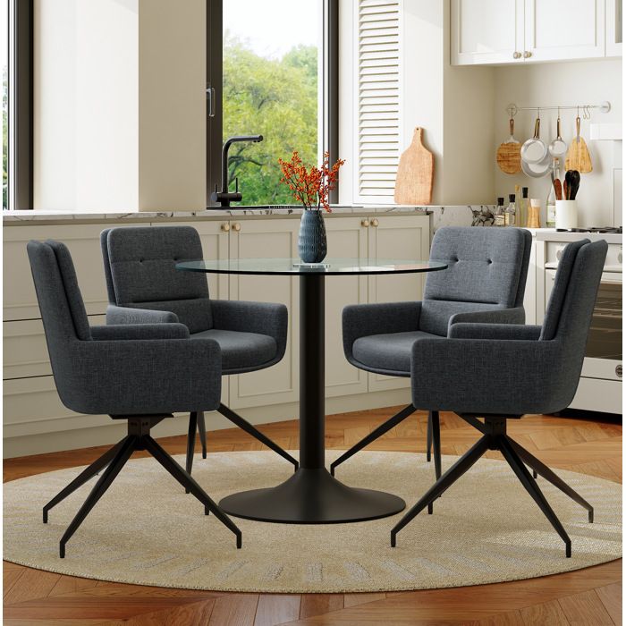 MEUVYX Table de salle à manger pour 4 personnes avec 4 chaises pivotantes à 360 degrés verre trempé métal noir
