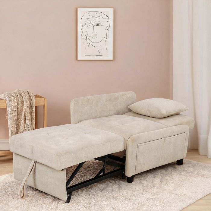 Fauteuil-lit convertible en chenille beige 4 positions lit gigogne 61 x 181 cm - Beige Chenille (100 polyester) 89.5 x 72.5 x