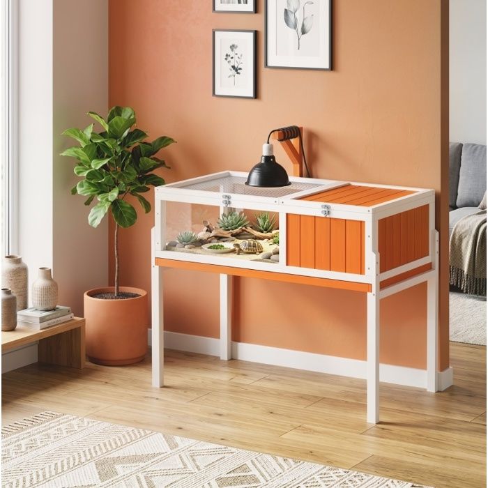 Terrarium pour tortues 104 x 53 x 82 cm en bois de sapin 2 zones fenêtre transparente blanc et orange clair