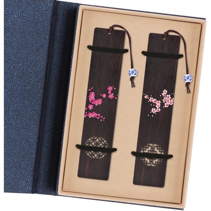 2 Marque-pages En Bois Naturel Peint Main - Motif Fleurs De Prunier - Dimensions 14,5x3,2 Cm - Dans Boîte Cadeau - Pour Collectionneurs Et Lecteurs - 7
