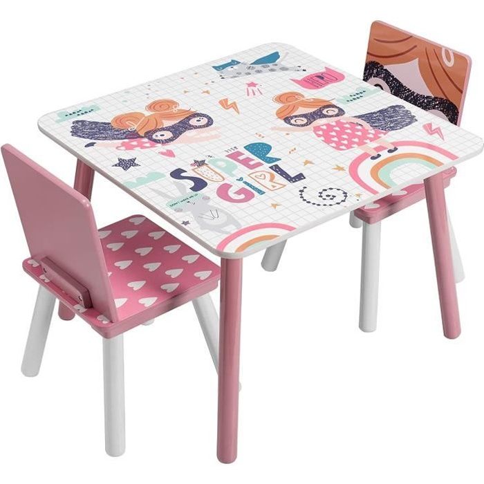 EUGAD 1 Table et 2 chaises Ensemble pour Enfants en MDF et Bois pinRose