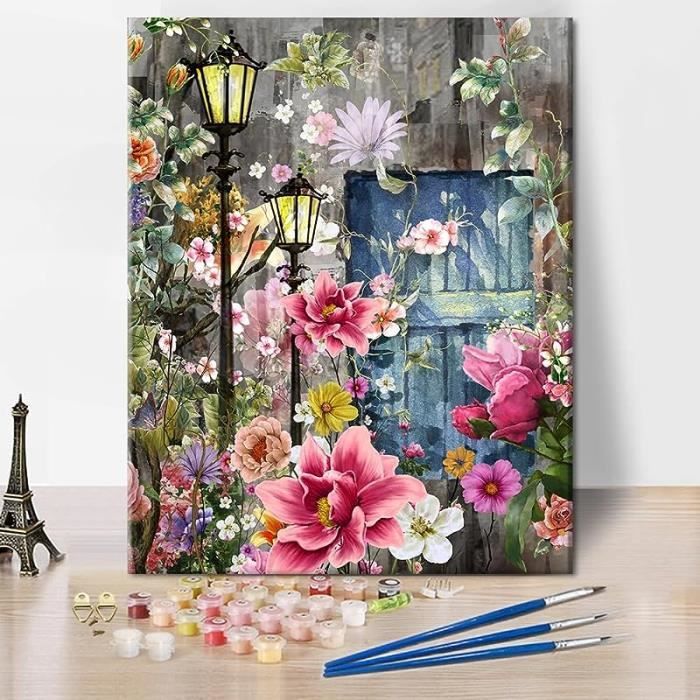 DIY Peinture par numéros pour adultes avec pinceaux Fleurs Adultes Peinture  par numéros Kits sur toile Floral Peinture