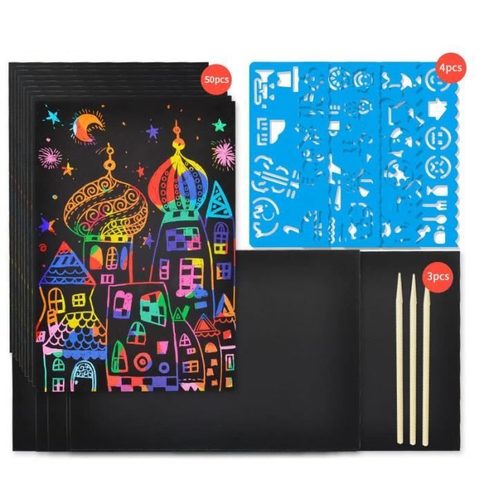 Ensemble de 50 Feuilles de Papier à Gratter Petit Art Papier Noir 18X12.5Cm avec 5 Bâtons en Bois Kit de Bricolage pour Enfants Activité de Dessin Créative