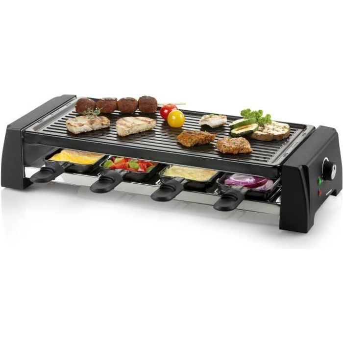 Noir Appareil a Raclette avec Pierre Naturelle et Plaque en Fonte Raclette Multifonction 2-IN-1 pour 8 personnes Antiadh/ésif Raclette Grill 1300W
