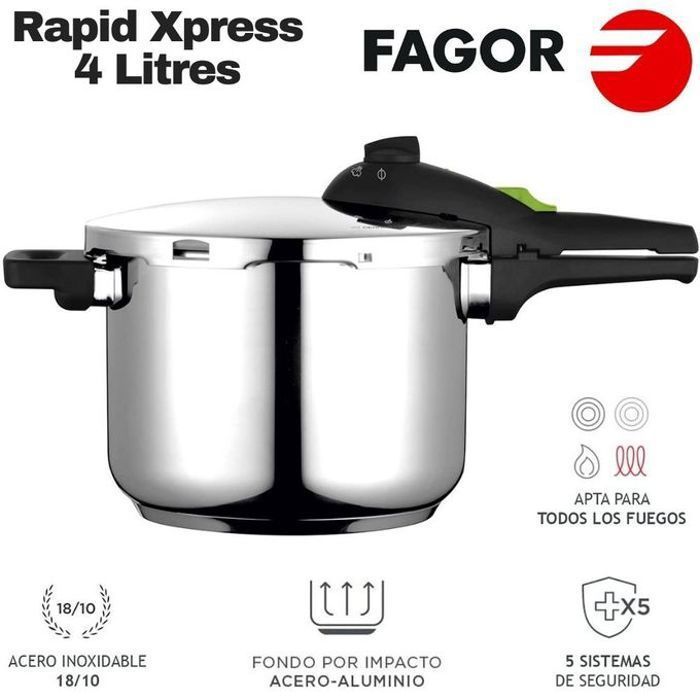 Autocuiseur 4 Litres, Induction, Acier Inoxydable 18/10, 2 Niveaux de Pression FAGOR Rapid Xpress 4   Argent 800055