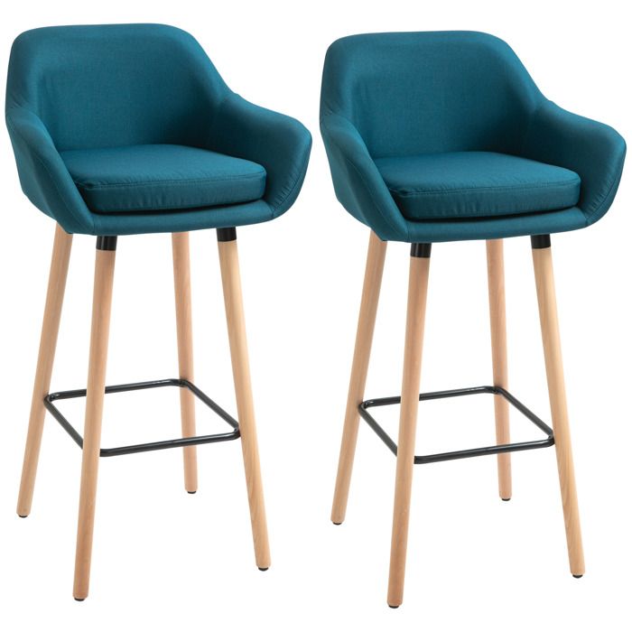 Tabourets de bar - HOMCOM - lot de 2 design scandinave grand confort avec repose-pieds et accoudoirs - bois massif lin - bleu